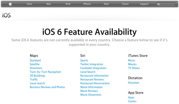 iOS 6 elenco funzioni per paese