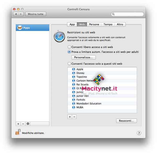Impostazioni controlli censura in OS X 