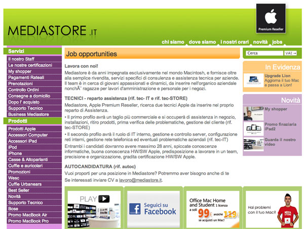 Mediastore ricerca 2 tecnici Apple 