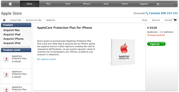 AppleCare solo online in italia 9 novembre 2012