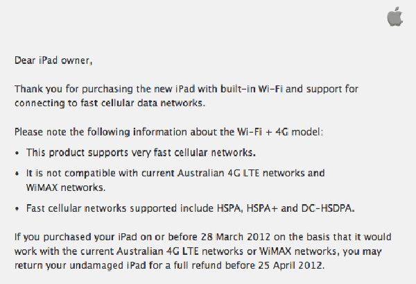 Australia nuovo ipad 4G rimborso