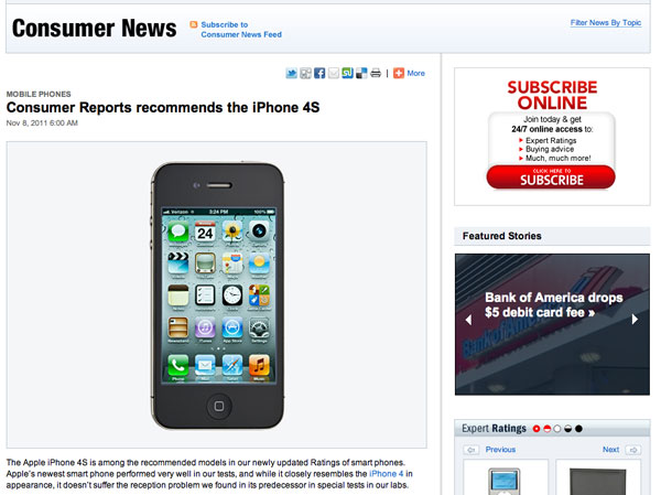 iPhone 4S - approvato da Consumer Reports