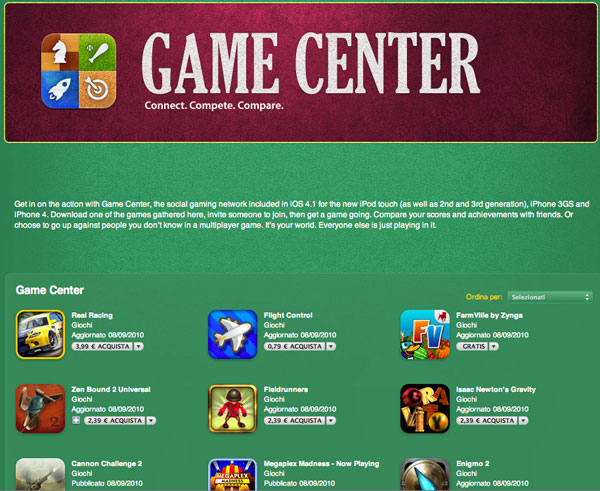 Game Center vetrina App Store
