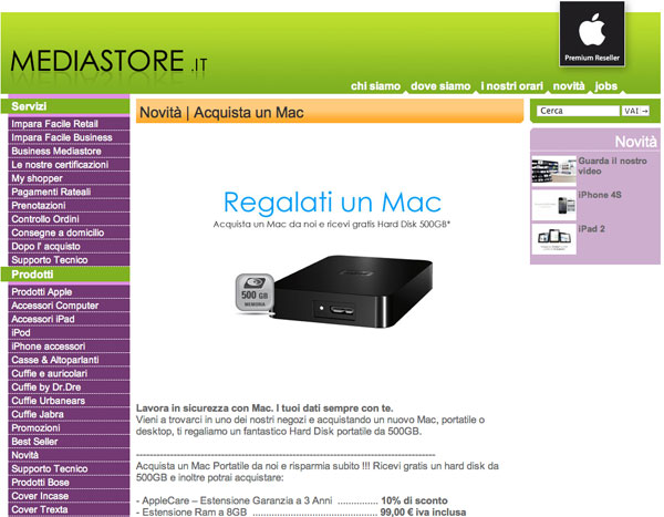 Mediastore: sconti e un disco fisso da 500GB in regalo per chi acquista un nuovo Mac