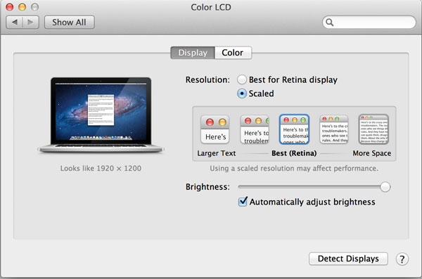 macbook retina pannello controllo risoluzione