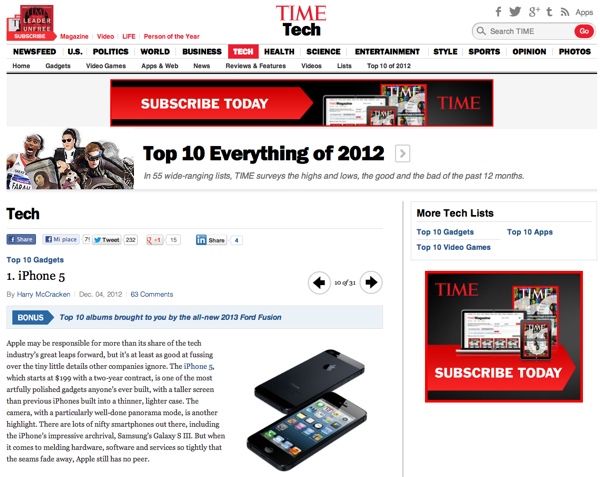 iphone 5 Time Magazine top gadget 2012